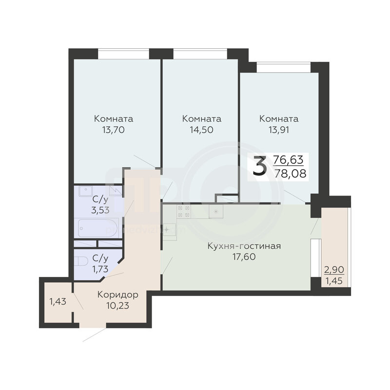 3-комнатная квартира, 78.08кв.м