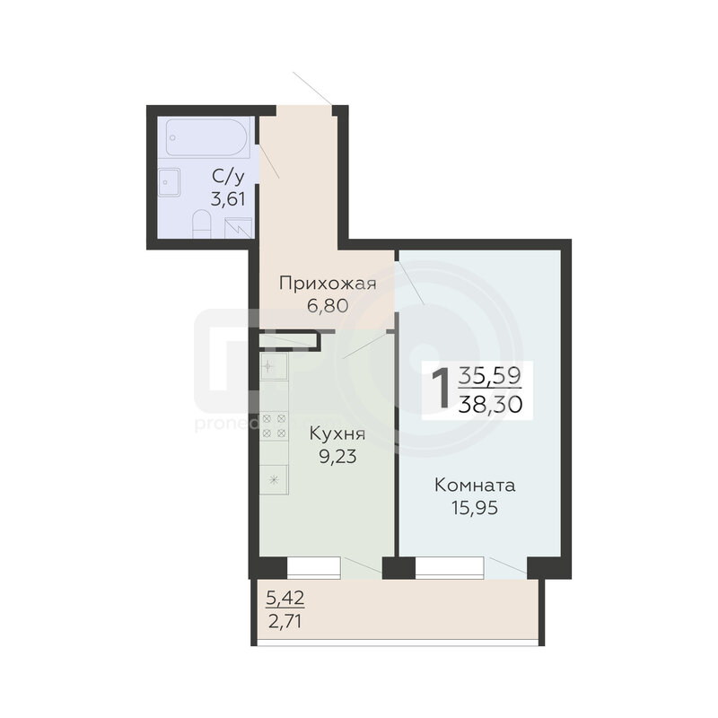 1-комнатная квартира, 38.3кв.м