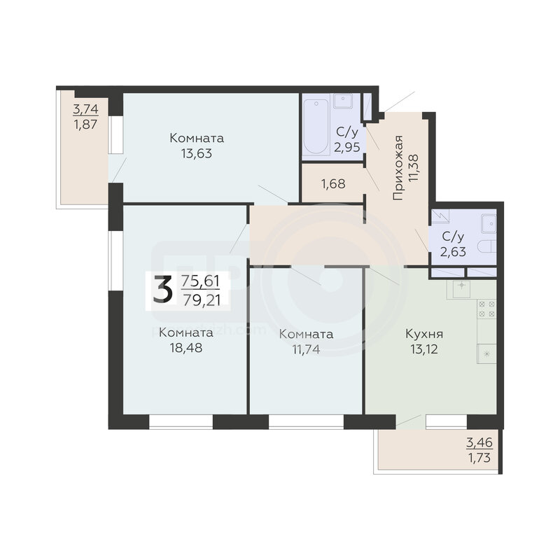 3-комнатная квартира, 79.21кв.м