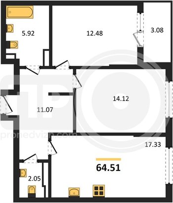Миниатюра 2-комнатная квартира, 64.51кв.м
