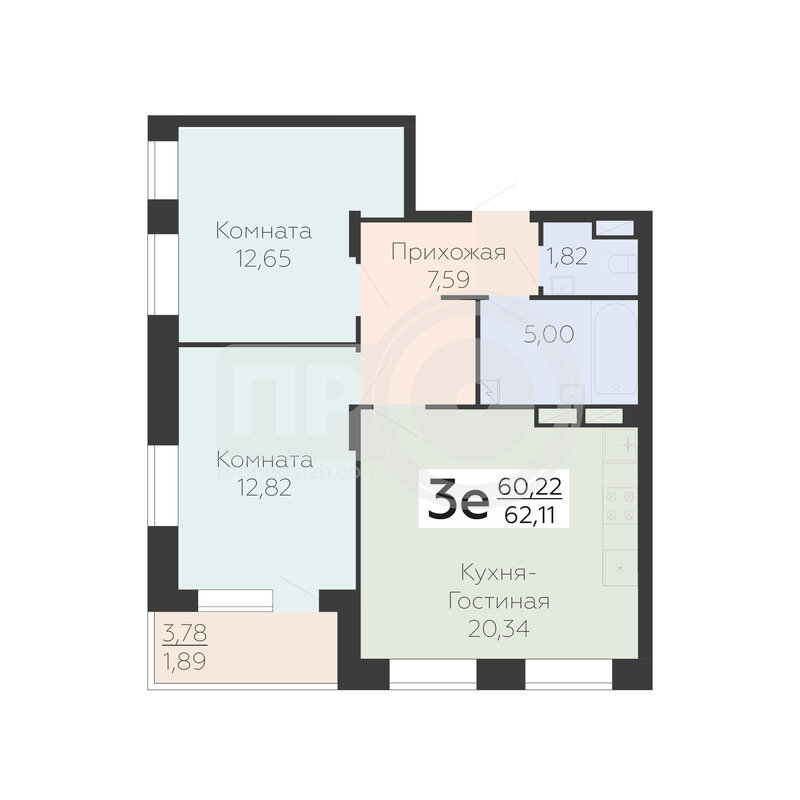 3-комнатная квартира, 62.11кв.м