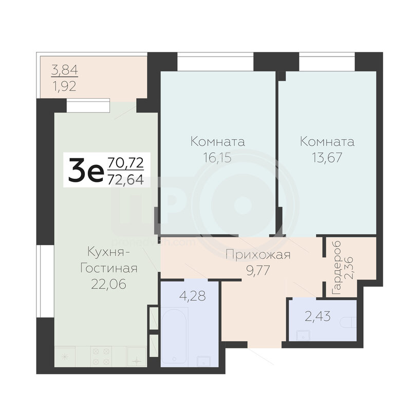 3-комнатная квартира, 72.64кв.м