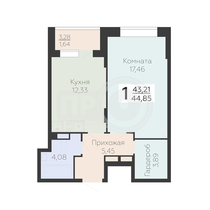 1-комнатная квартира, 44.85кв.м