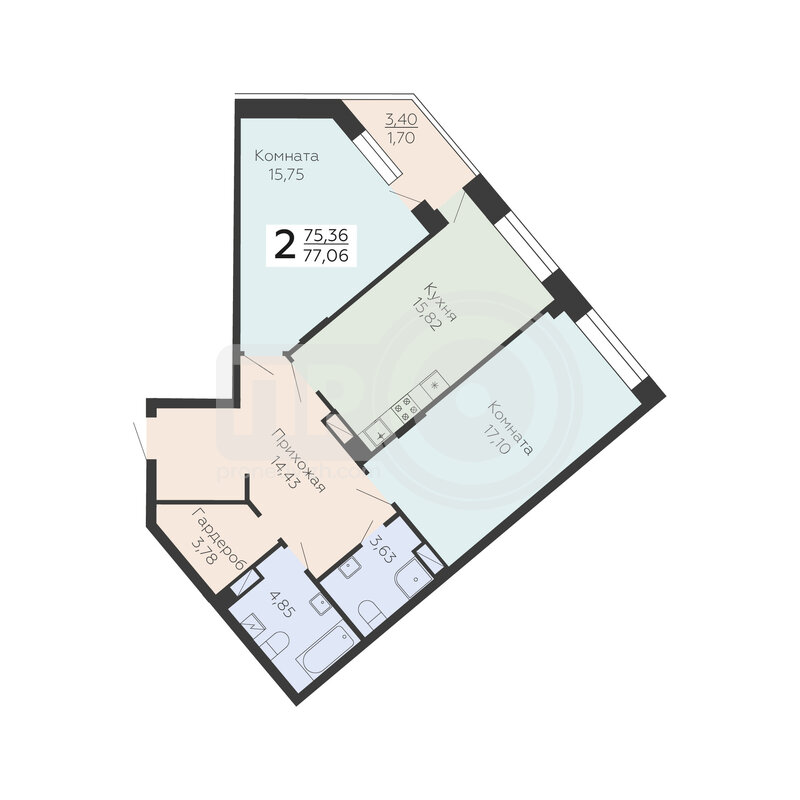 2-комнатная квартира, 77.06кв.м