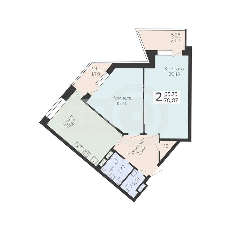 2-комнатная квартира, 70.07кв.м