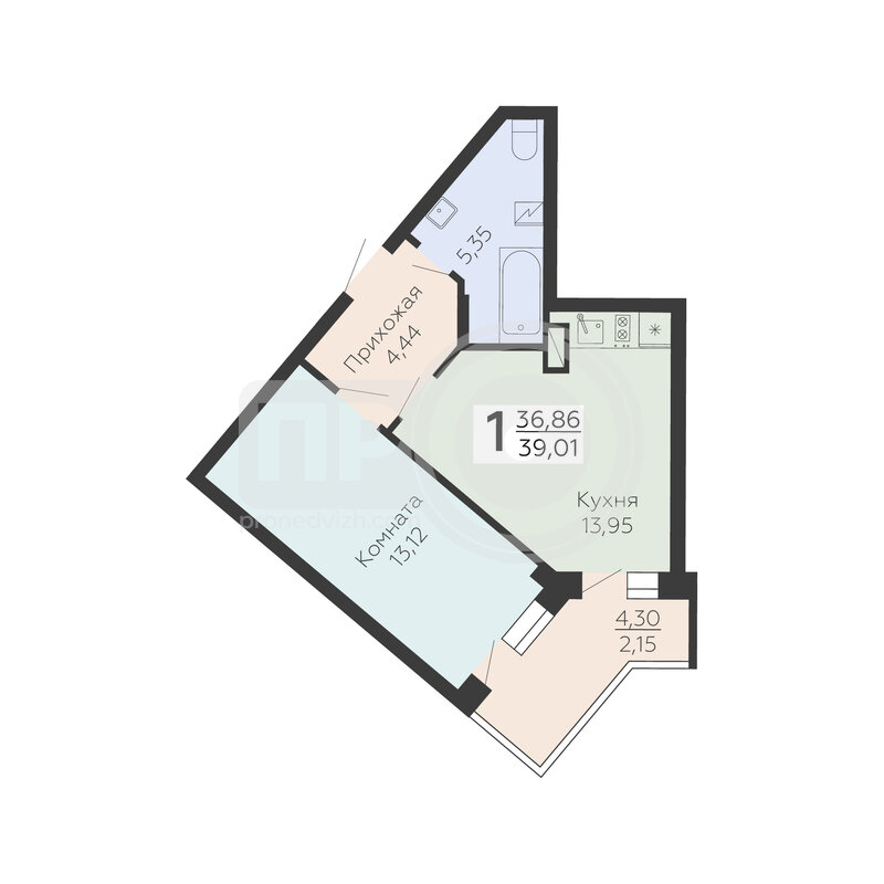 1-комнатная квартира, 39.01кв.м