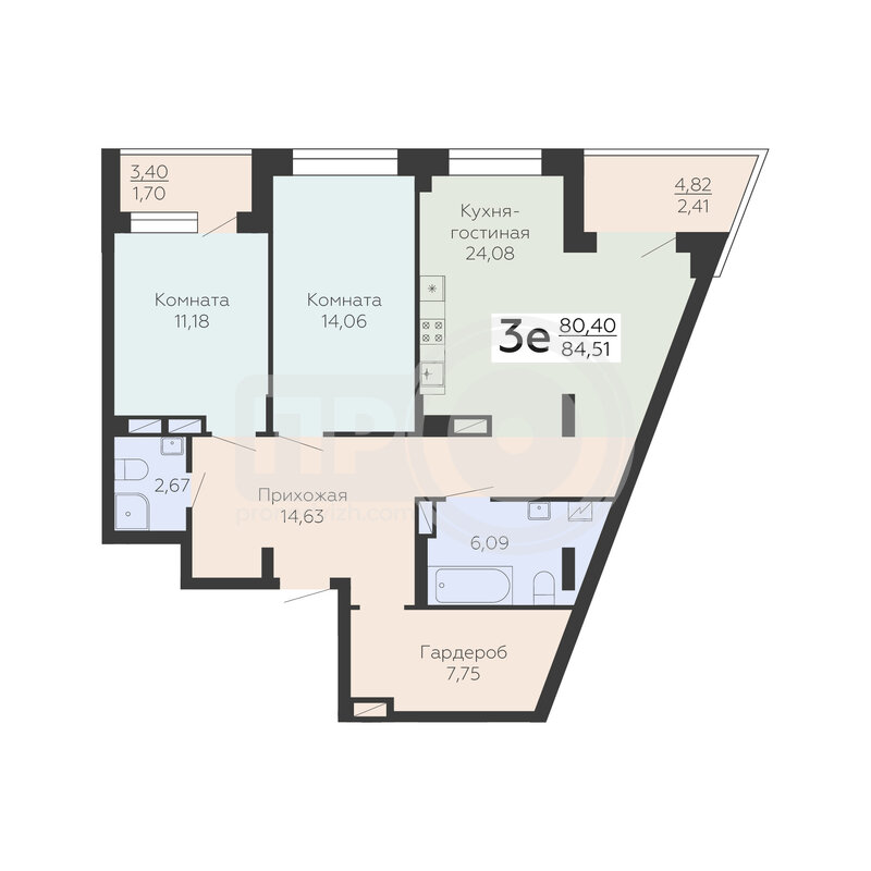 3-комнатная квартира, 84.51кв.м