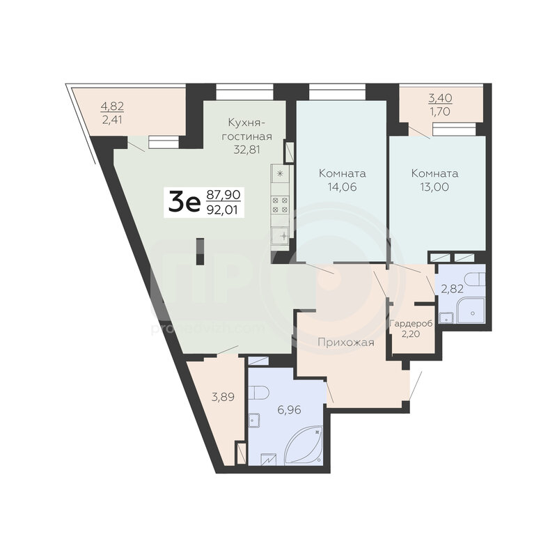 3-комнатная квартира, 92.01кв.м