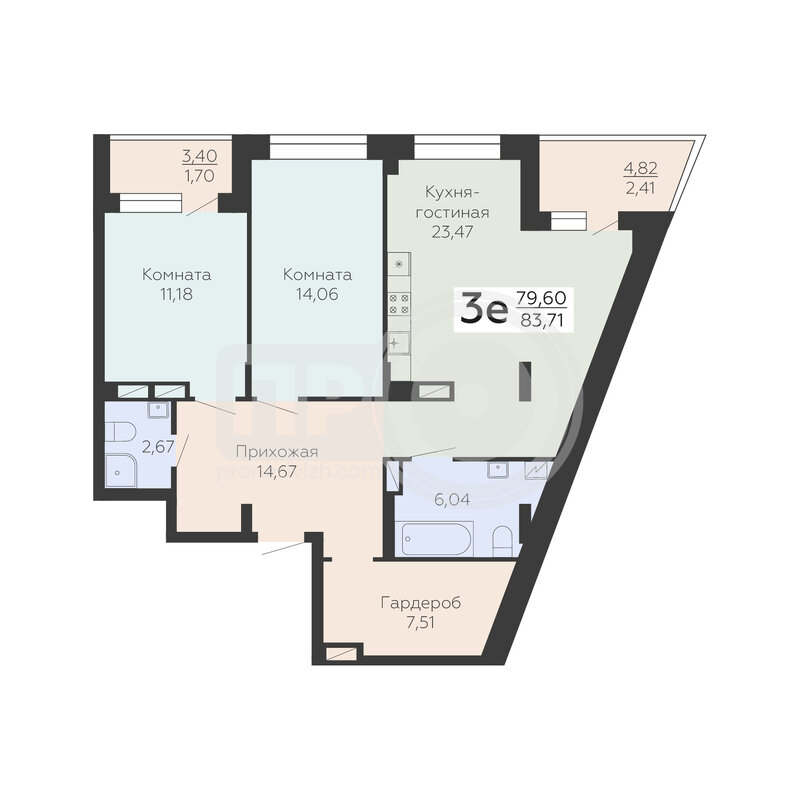 3-комнатная квартира, 83.71кв.м