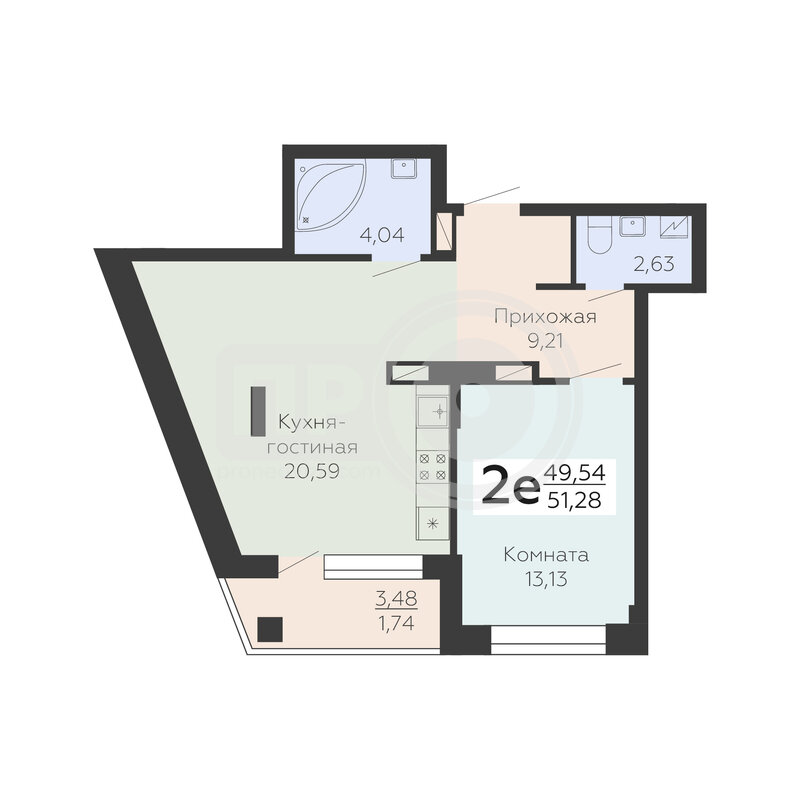 2-комнатная квартира, 51.28кв.м
