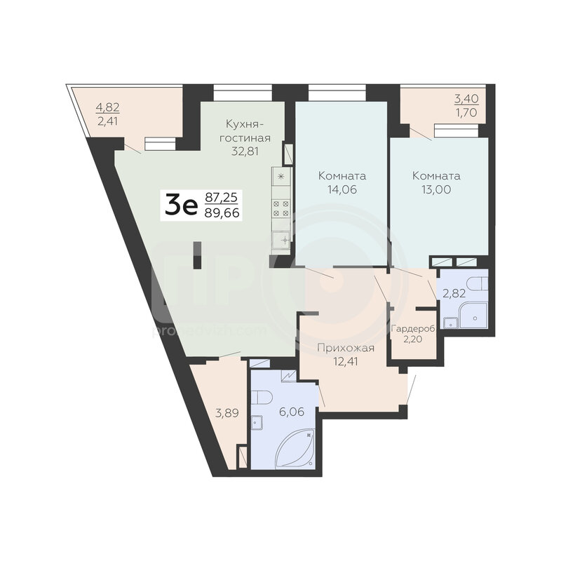 3-комнатная квартира, 89.66кв.м