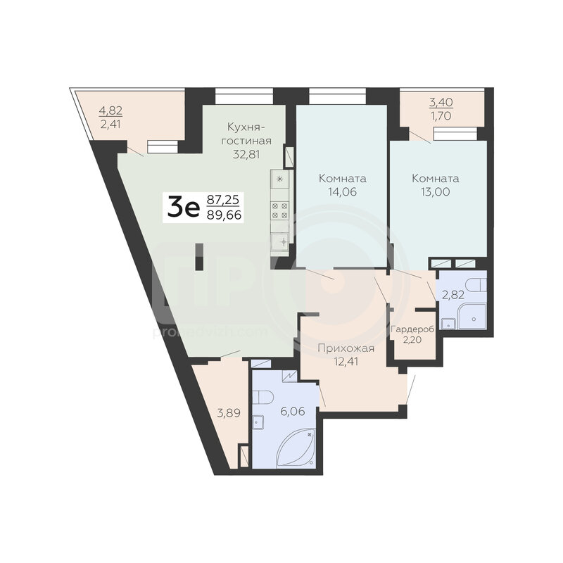 3-комнатная квартира, 89.66кв.м