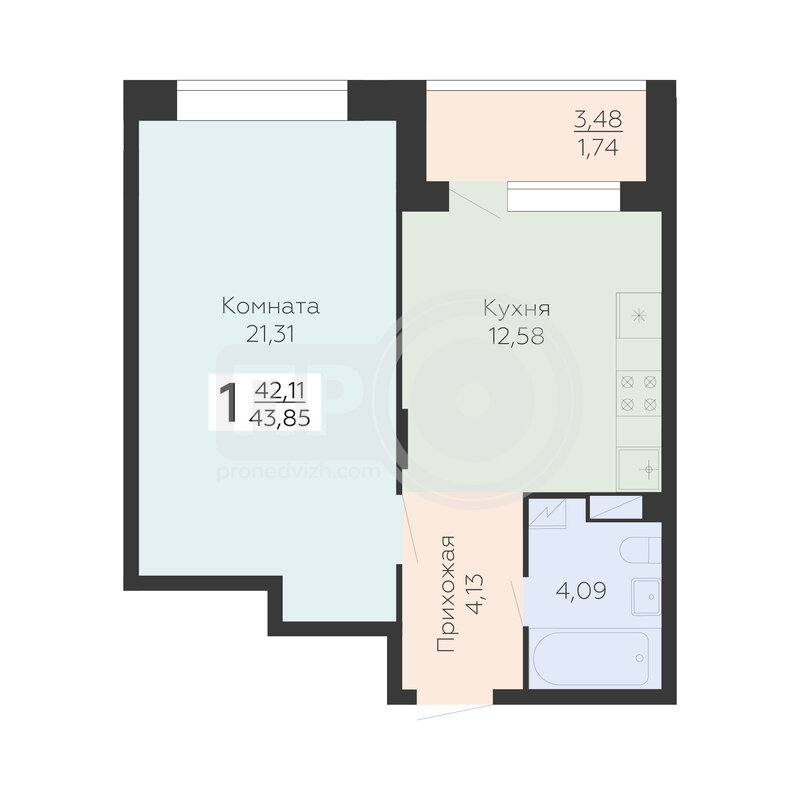 1-комнатная квартира, 43.85кв.м