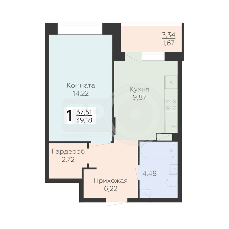 1-комнатная квартира, 39.18кв.м