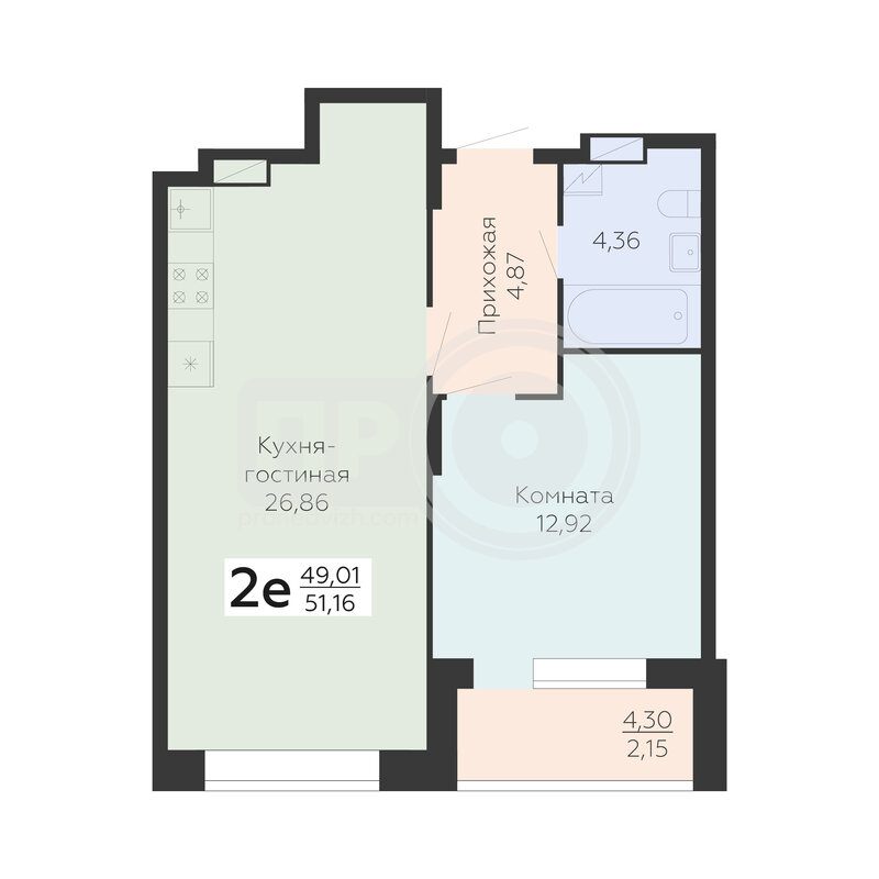 2-комнатная квартира, 51.16кв.м