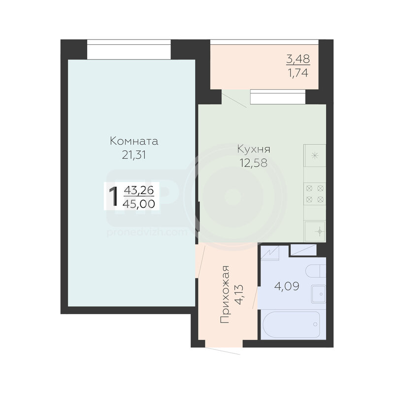 1-комнатная квартира, 45кв.м