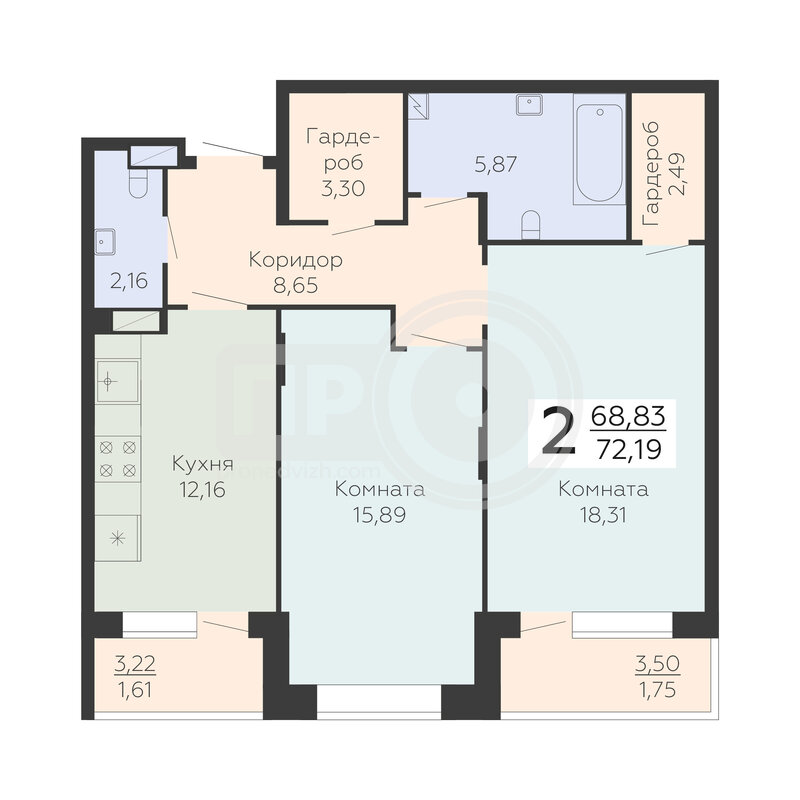 2-комнатная квартира, 72.19кв.м