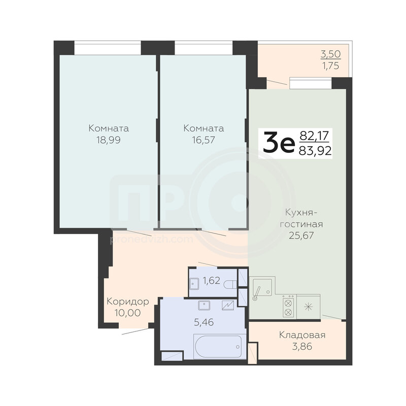 3-комнатная квартира, 83.92кв.м