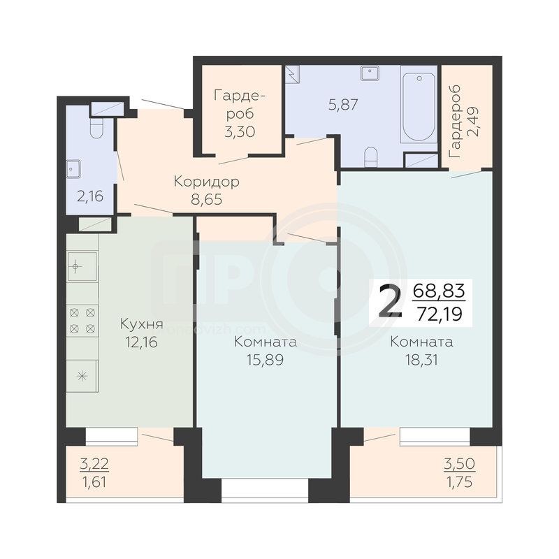 2-комнатная квартира, 72.19кв.м