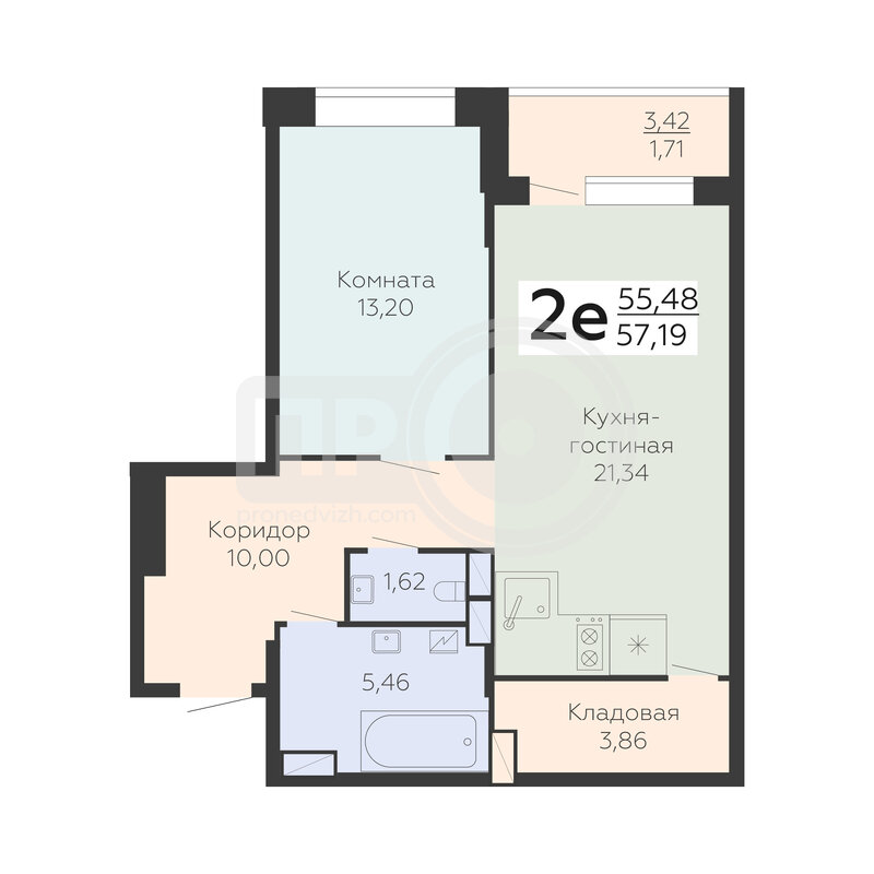 2-комнатная квартира, 57.19кв.м