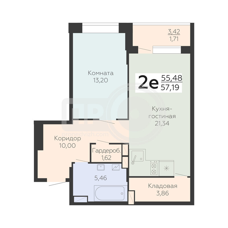 2-комнатная квартира, 57.19кв.м