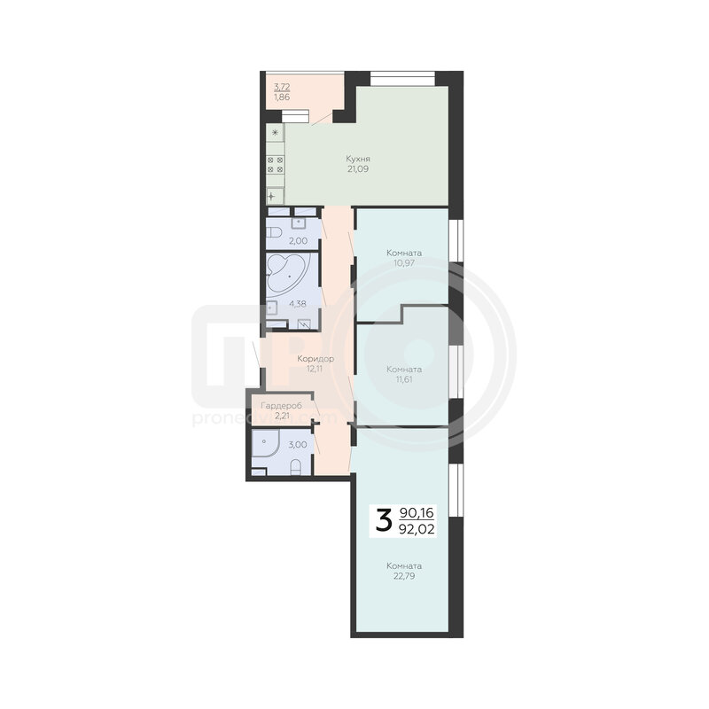 3-комнатная квартира, 92.02кв.м