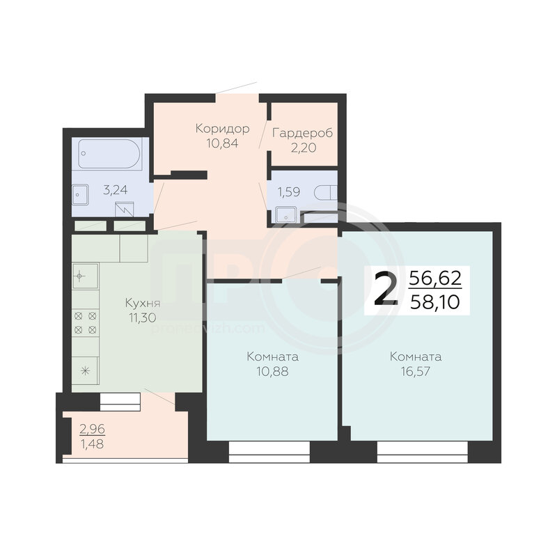 2-комнатная квартира, 58.1кв.м