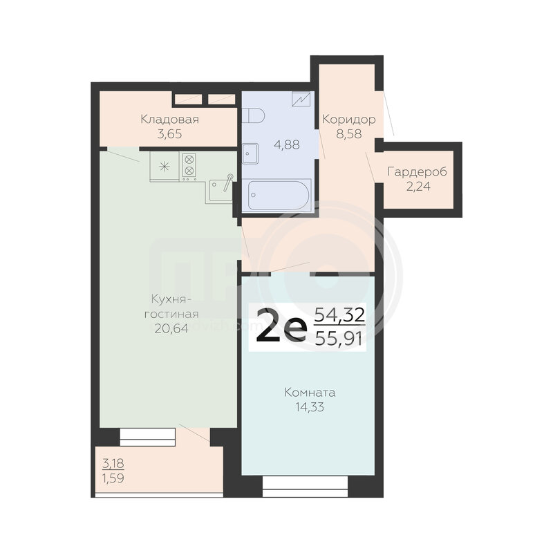 2-комнатная квартира, 55.91кв.м