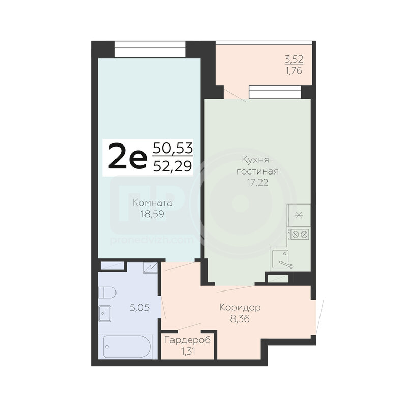 2-комнатная квартира, 52.29кв.м