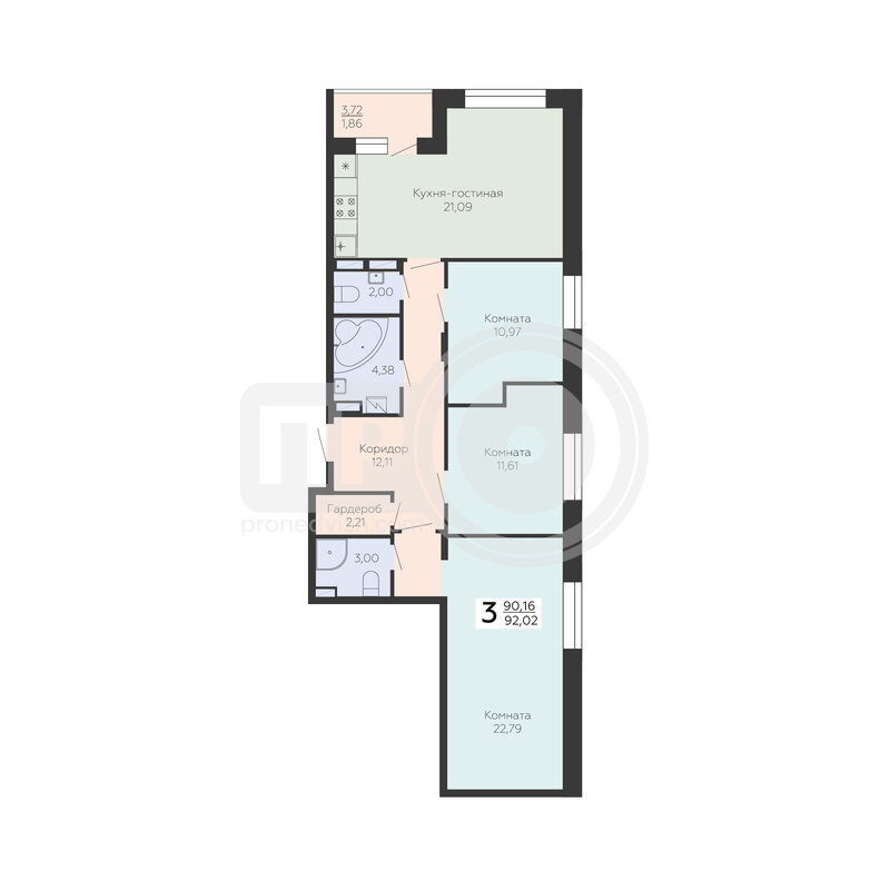 3-комнатная квартира, 92.02кв.м