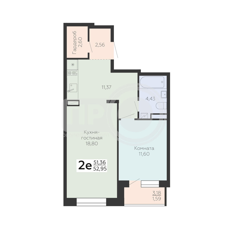 2-комнатная квартира, 52.95кв.м