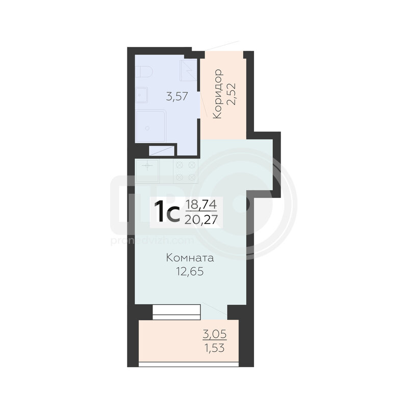 1-комнатная квартира, 20.27кв.м