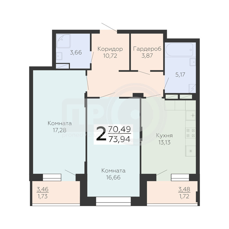 2-комнатная квартира, 73.94кв.м