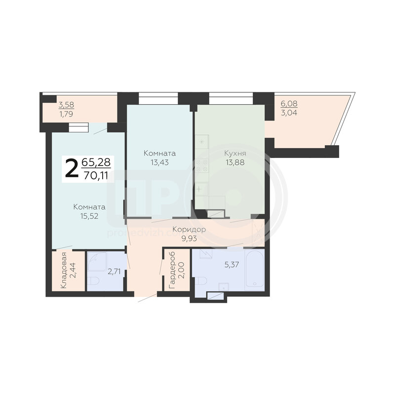 2-комнатная квартира, 70.11кв.м