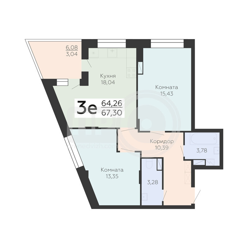 2-комнатная квартира, 67.3кв.м