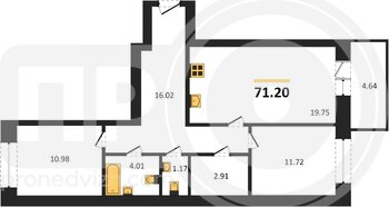 Миниатюра 2-комнатная квартира, 71.2кв.м