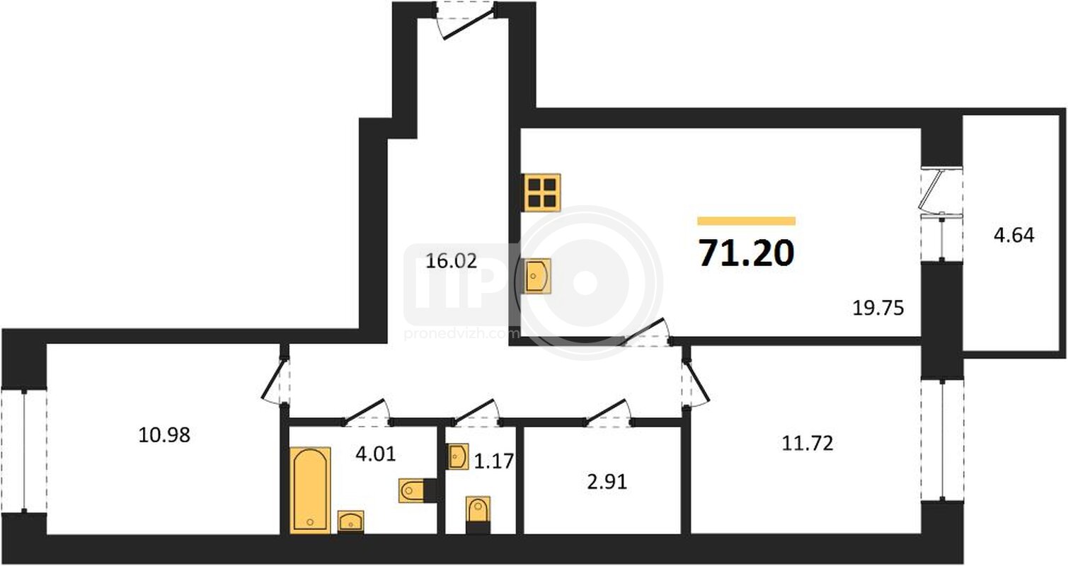2-комнатная квартира, 71.2кв.м