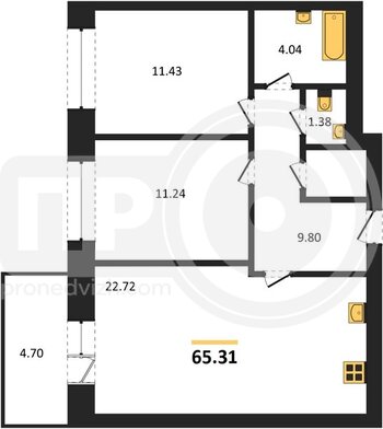 Миниатюра 2-комнатная квартира, 65.31кв.м