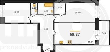 Миниатюра 2-комнатная квартира, 69.87кв.м