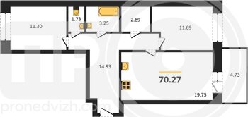 Миниатюра 2-комнатная квартира, 70.27кв.м