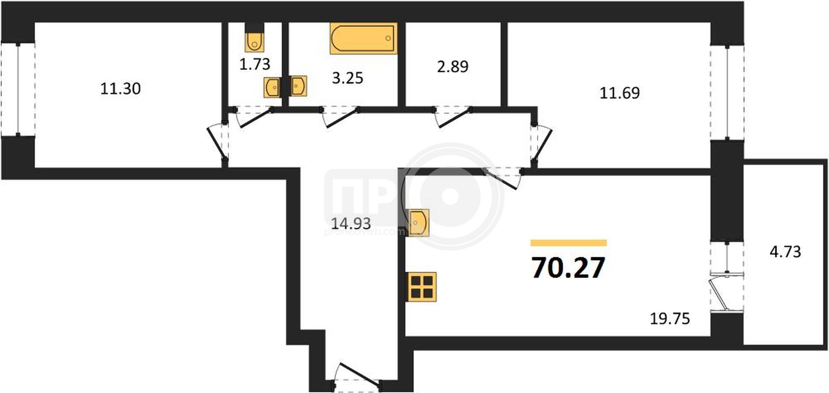 2-комнатная квартира, 70.27кв.м