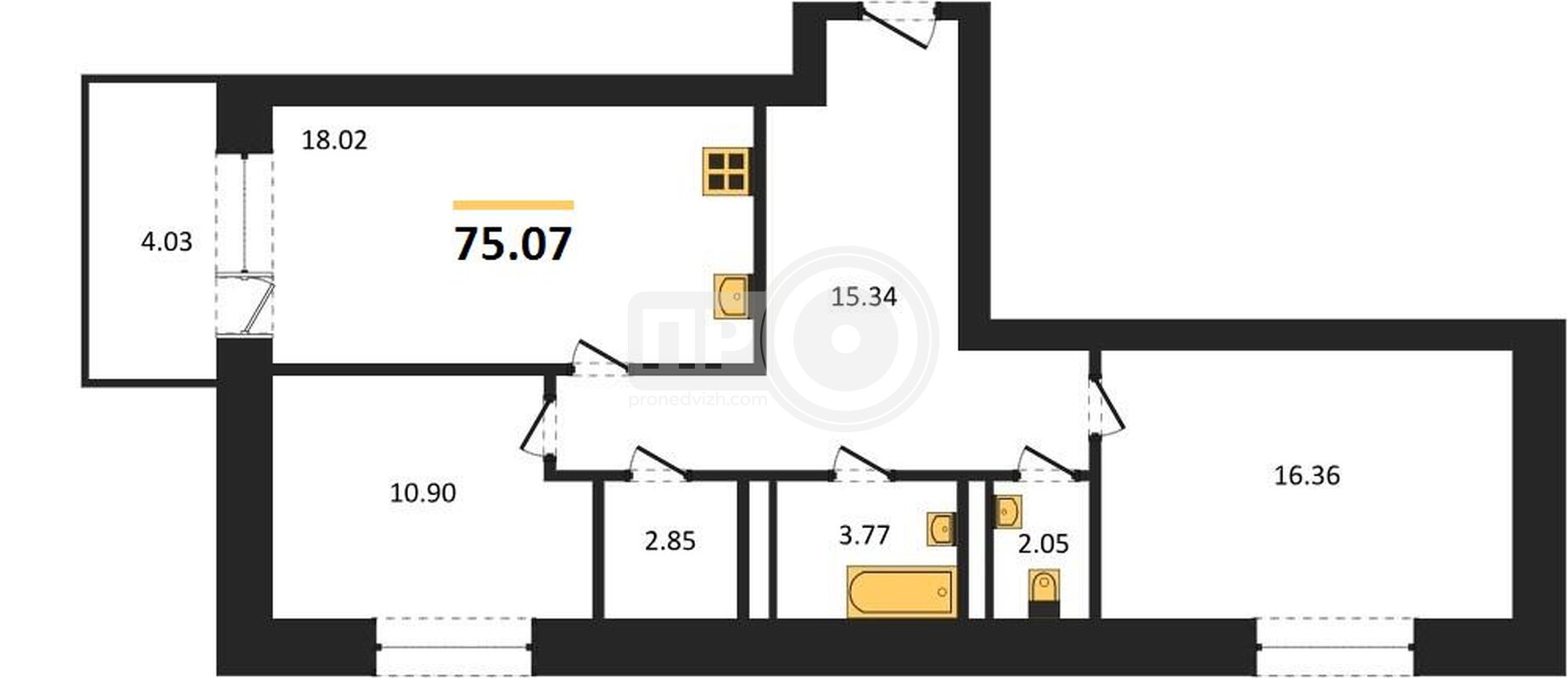 2-комнатная квартира, 75.07кв.м