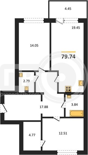 Миниатюра 2-комнатная квартира, 79.74кв.м