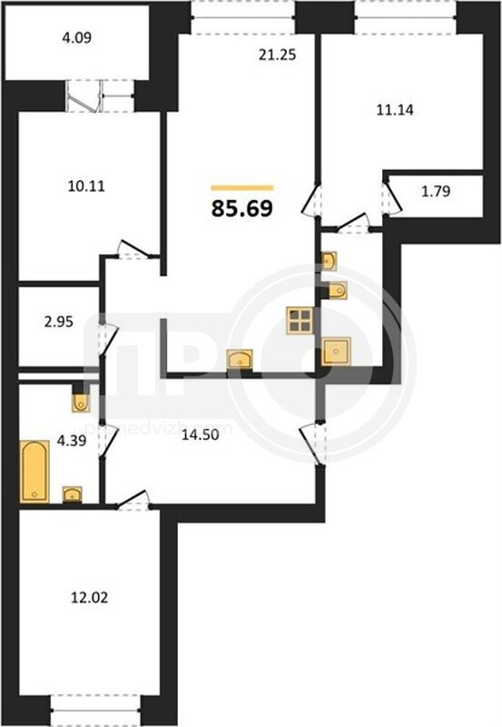3-комнатная квартира, 85.69кв.м