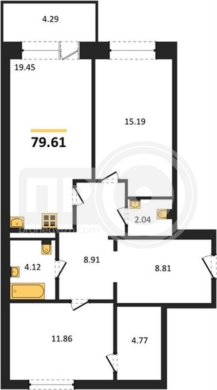 2-комнатная квартира, 79.61кв.м