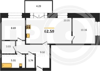 Миниатюра 2-комнатная квартира, 62.59кв.м