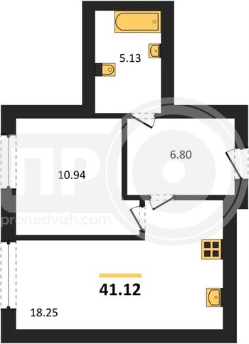 Миниатюра 1-комнатная квартира, 41.12кв.м