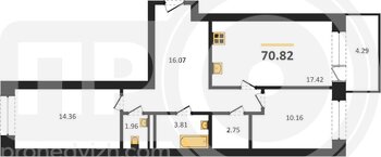 Миниатюра 2-комнатная квартира, 70.82кв.м