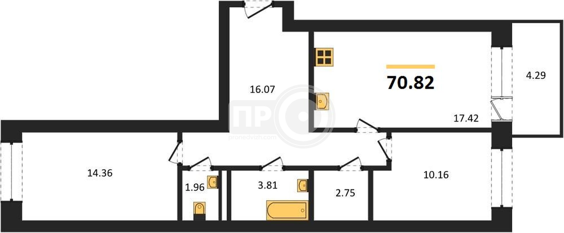 2-комнатная квартира, 70.82кв.м