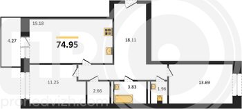 Миниатюра 2-комнатная квартира, 74.95кв.м